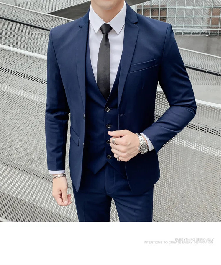 Solid Color Suit Men's Fashionable Gentleman Business Banquet Korean-style Formal Dress Casual Wedding (Blazer+Vest+Trousers)