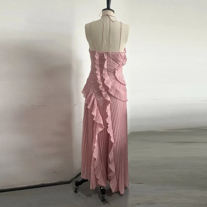 Elegant Neck Strap Ruffles Evening Gown Solid Folds A Line Lace Up Backless Sexy Party Dress 2025 New Party Vacation Y2k Robe