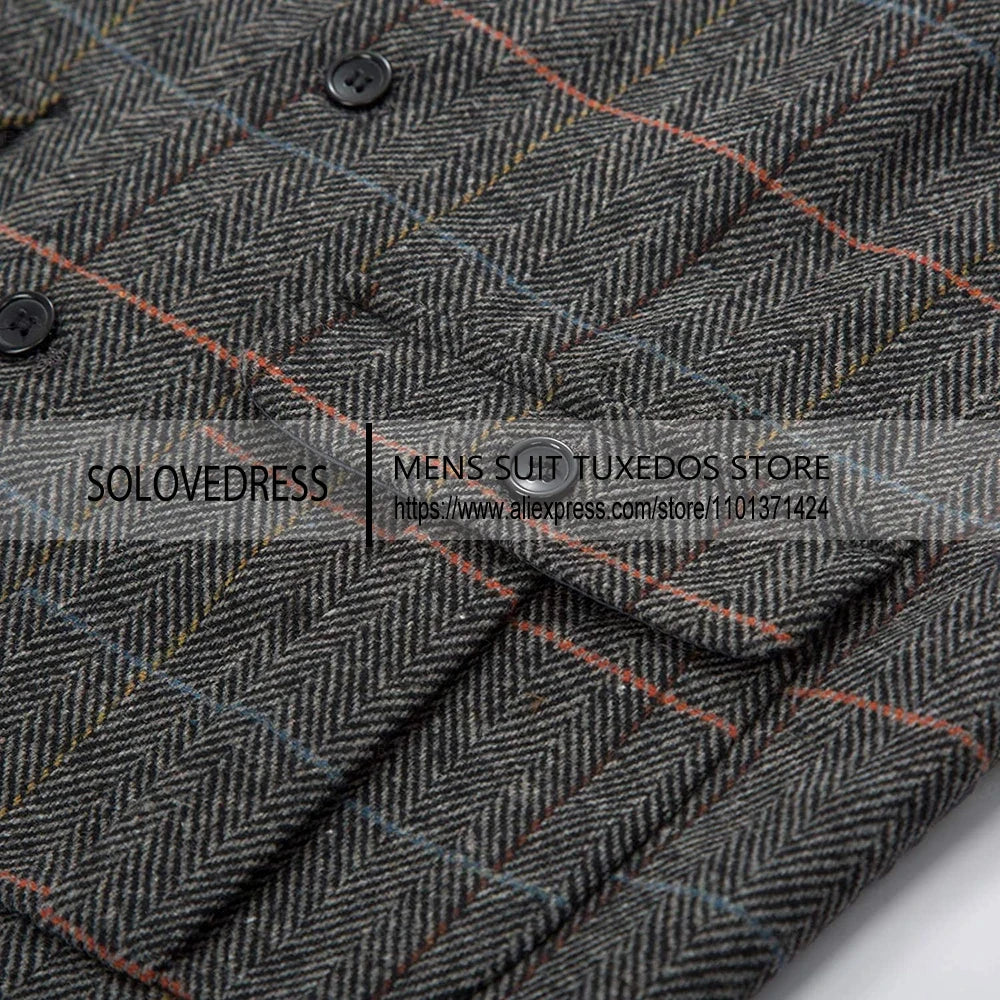Men's Casual Suit Vest Notch Lapel with Two Pockets Herringbone Waistcoat for Wedding Groomsmen