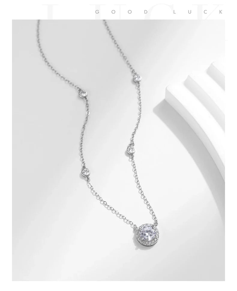 925 Sterling Silver Luxury Round Clear AAAAA Zircon Pendant Necklace For Women Wedding Engagement Bridal Fine Jewelry