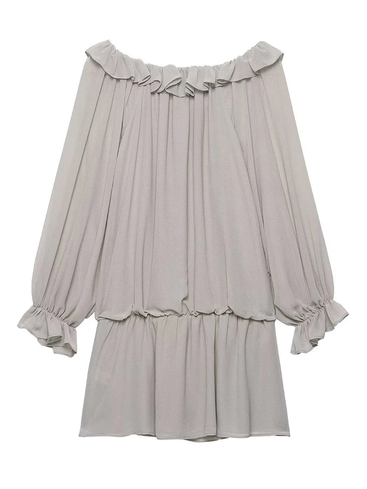 Elegant Summer Women’s Off-Shoulder Sequin Georgette Dress 2026 Female Ruffled Neckline Tiered Long Sleeve Mini Dress