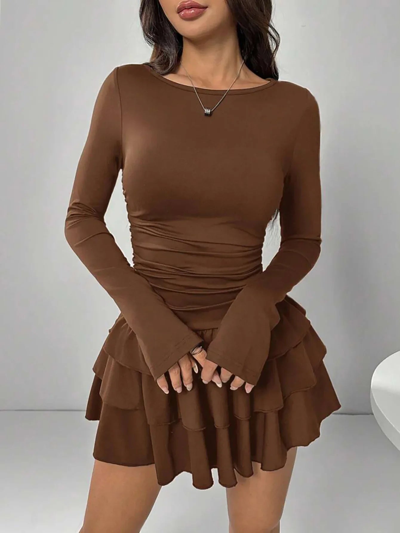Autumn Winter Solid Color Slim Fit Cascading Ruffles Mini Dress Women Elegant Flare Sleeve High Waist Sexy Party Bodycon Dresses