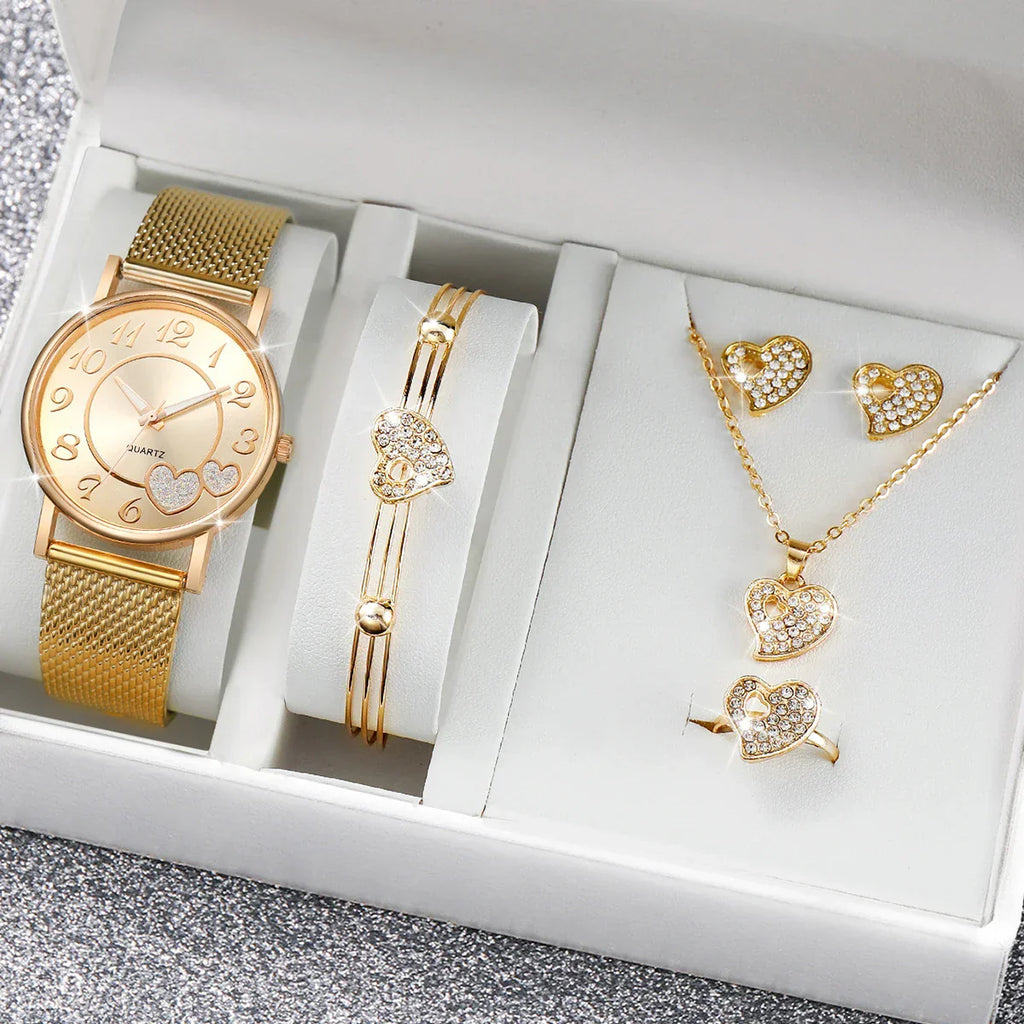 6PCS/Set Fashion Heart Dial Women Watches Plastic Band Quartz Watch Rhinestone Heart Jewelry Set（Without Box）