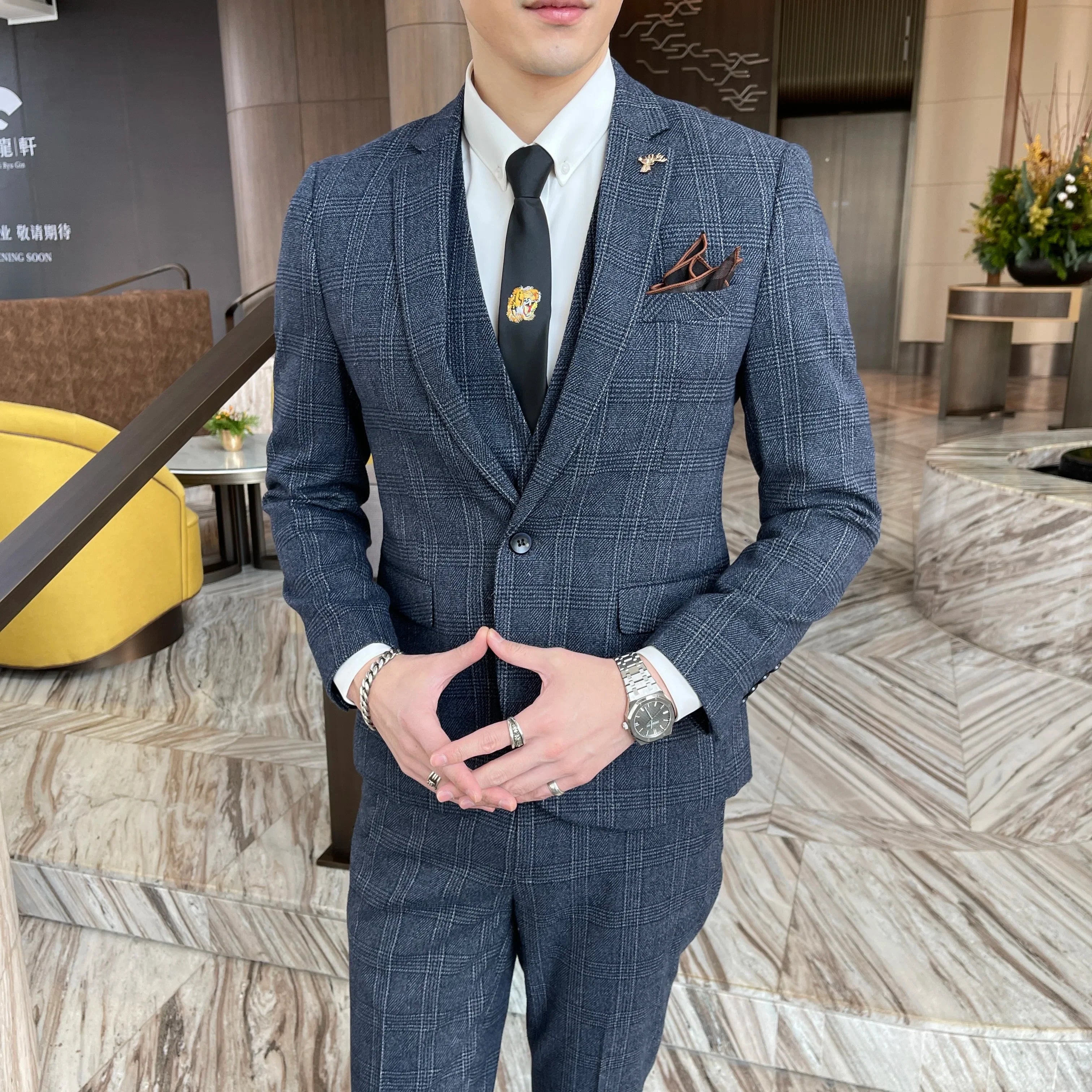 British Modified Plaid Three-Piece Suit for Men - Stylish Business Casual Suit Vest And Trousers Set