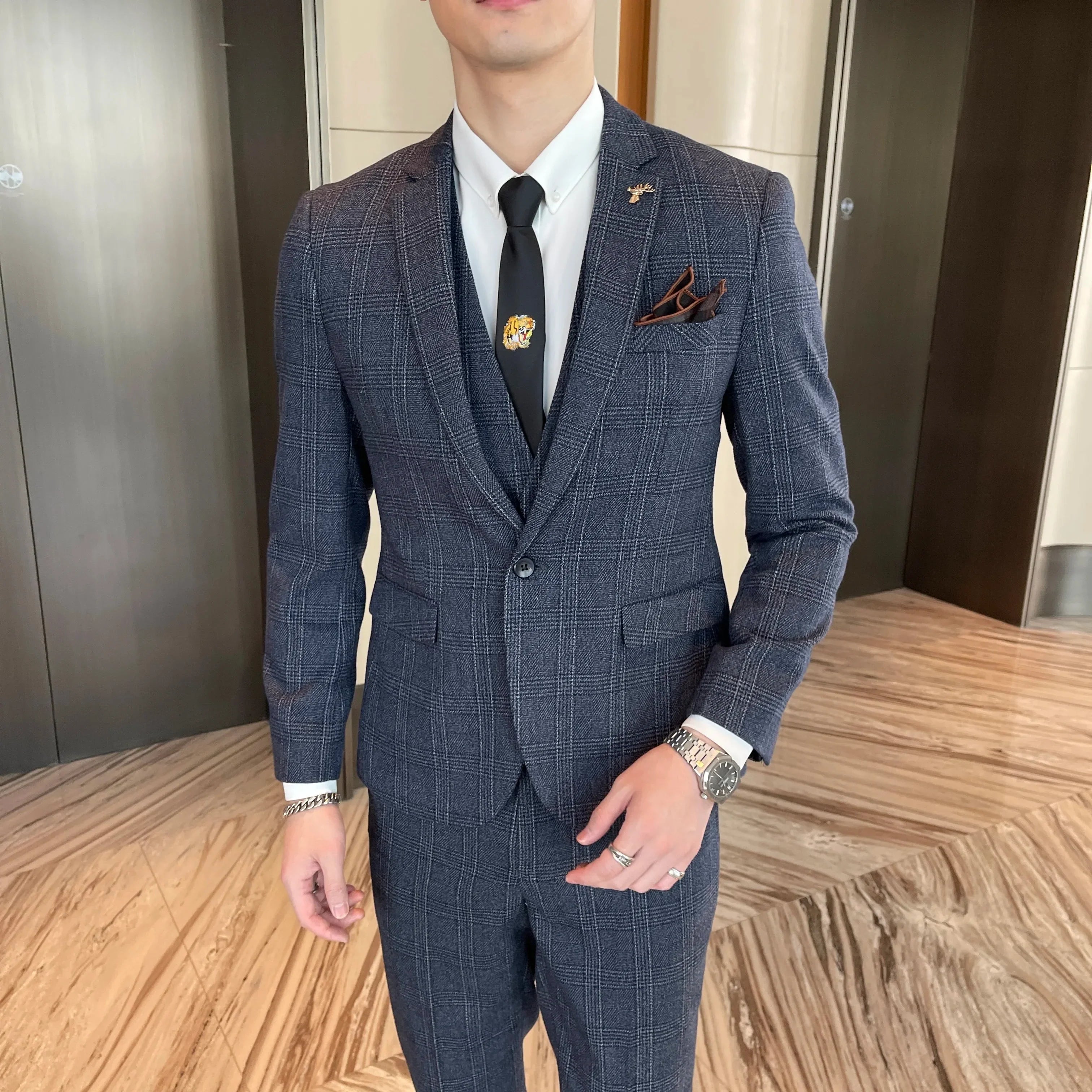 British Modified Plaid Three-Piece Suit for Men - Stylish Business Casual Suit Vest And Trousers Set
