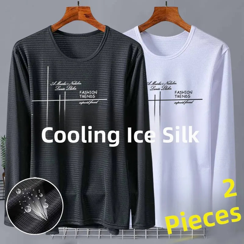 New 2025 Men's Ice Silk Breathable Sun Protection Hollow out Thin Long Sleeve Casual Sports T-Shirt Large Size Loose Fit