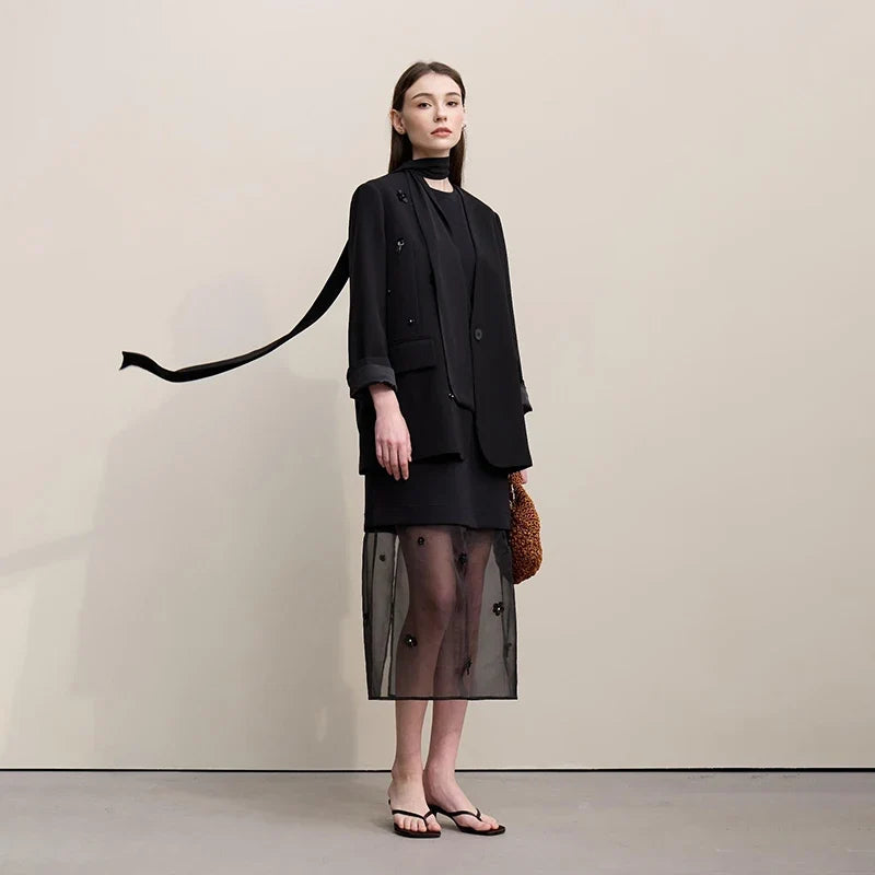 Long Dresses 2026 Autumn New Round Neck Short Sleeve Patchwork Women's Dress Removable Organza Elegant Dress Women 12651024