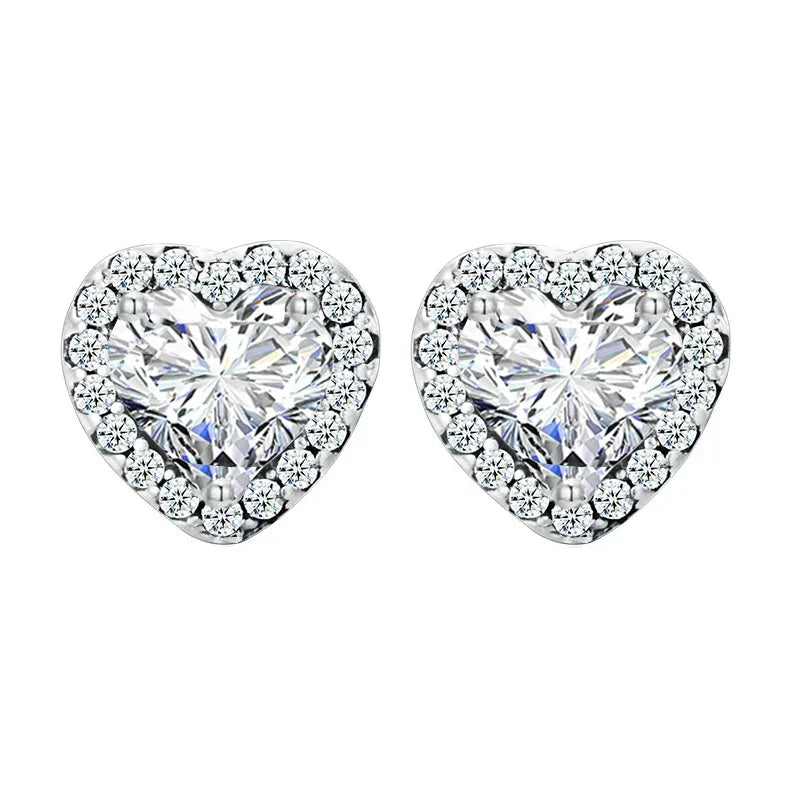 18K Gold Heart CZ Stud Earrings 925 Sterling Silver Hypoallergenic Classic Halo Earrings Circle Setting Women Dating Gift