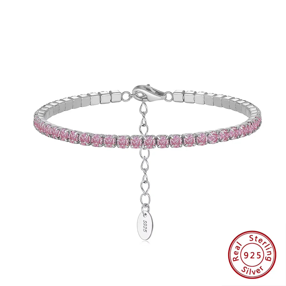 Fashion 3mm Bezel Setting Colorful 4A Cubic Zirconia Tennis 925 Sterling Silver Adjustable Bracelet for Women SB192