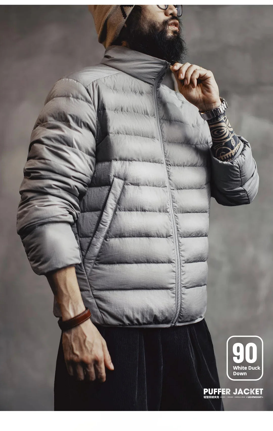 Winter Men's Stand-up Collar Down Jacket Lightweight Hydrophobic White Duck Down Filling Coat Warm Inner Layer for Fall