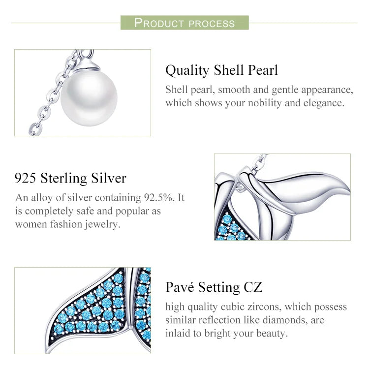 925 Sterling Silver Blue Mermaid Tail Pendant Necklace Quality Shell Pearl Bead Women Fine Jewelry Wedding Gift 17.32''