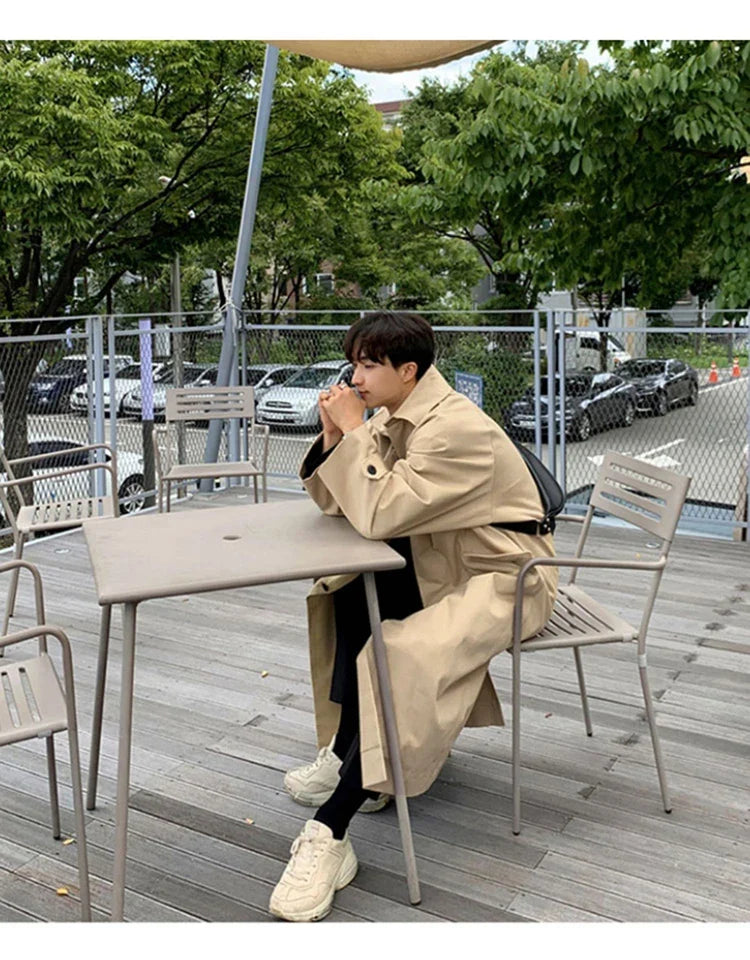 Spring Autumn Long Oversized Black Khaki Trench Coat Men Raglan Sleeve Single Breasted Loose Casual Korean Fashion