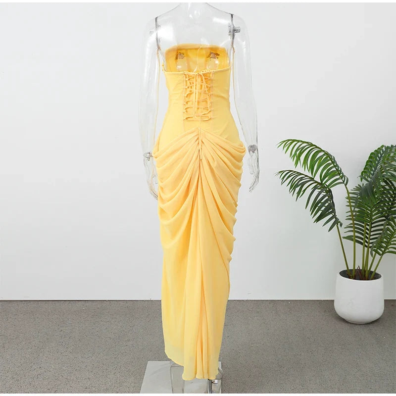Lady Sexy Strapless Split Solid Pleated Dress Women Chic Backless High Waist Off-shoulder Dresses 2026 New Evening Party Gowns