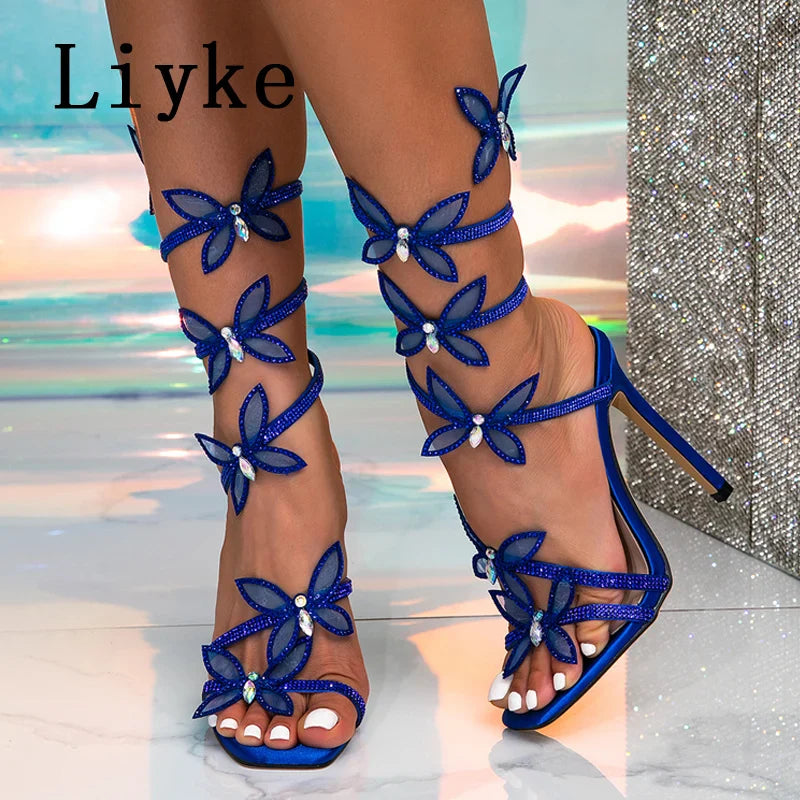 صنادل نسائية Liyke Fashion Glitter Rhinestones كريستال فراشة مربعة الأصابع أحذية حفلات الزفاف المثيرة بكعب عالٍ أسود أزرق