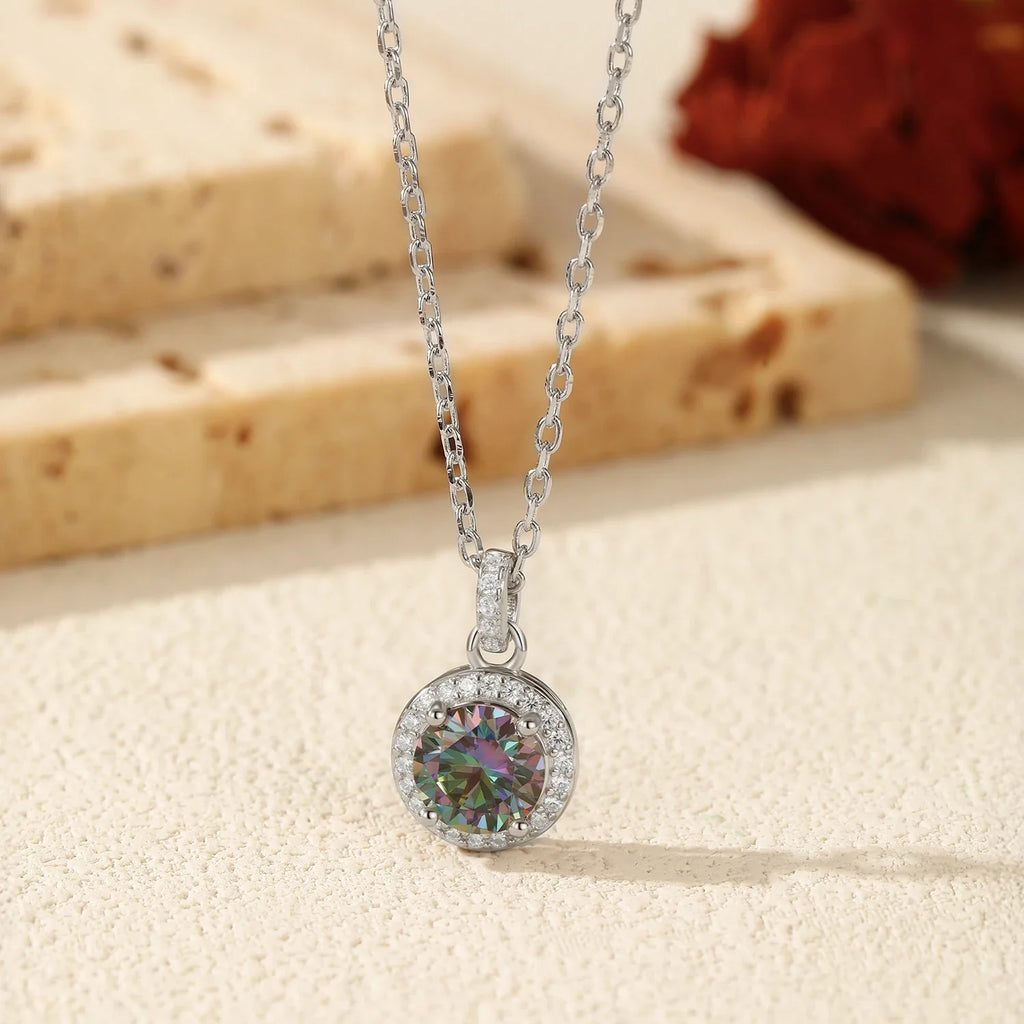 1CT Multicolor Round Moissanite Necklaces 925 Sterling Silver Luxury Classic Pendant Necklace For Women Fine Jewelry