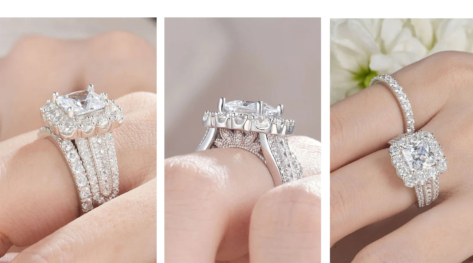 2Pcs 925 Silver Wedding Rings Set for Women Halo Princess Cut White Cubic Zircon Vintage Luxury Jewelry Engagement Ring