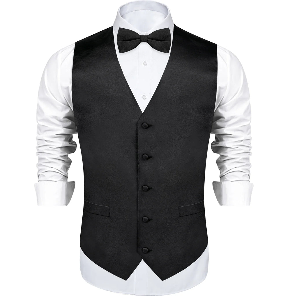 Black Satin Solid Suit Vest with Tie and Pre-tied Bow Tie Set Purple Blue Sage Green Wedding Party Men's Waistcoat DiBanGu