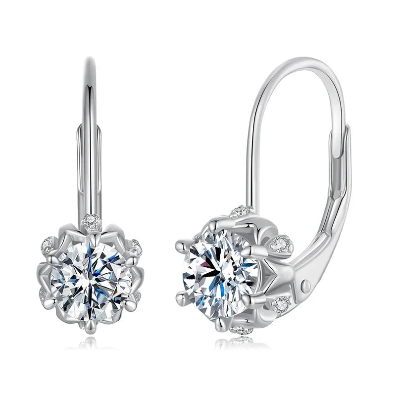 Platinum Plated Moissanite Flower Earrings for Women, Round Cut Lab Diamond 925 Sterling Silver Hypoallergenic Earrings