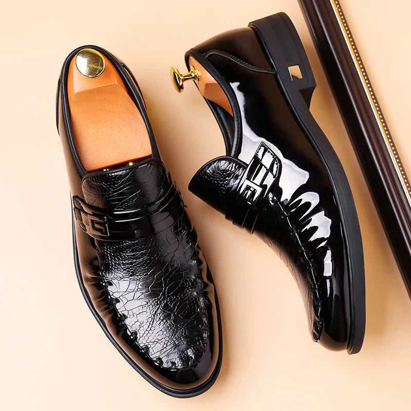 Men's Brown Crocodile Pattern Dress Shoes Patent Leather Slip-on Loafers Formal Business Wedding Oxfords for Men