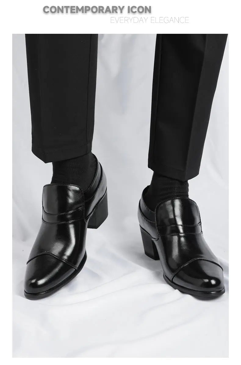 Premium Leather Men Shoes Slip On Loafers European Brand Business Casual Wedding Party Plaid Design Height Increasing