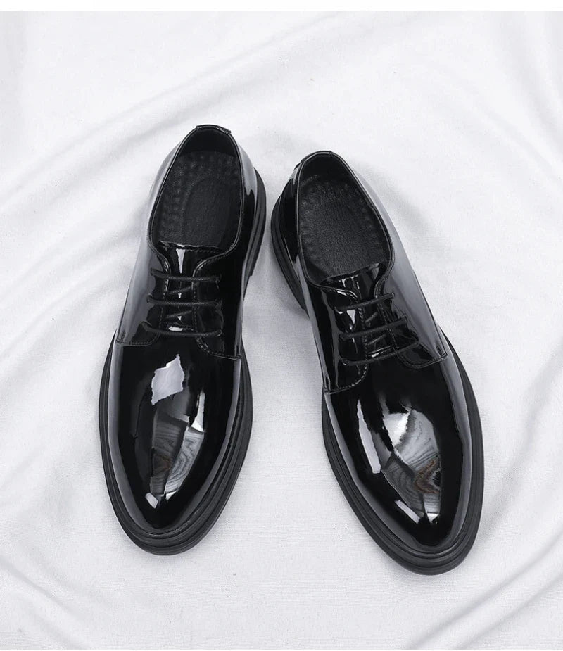 Mens Black Patent Leather Lace Up Dress Shoes With Thick Sole Platform Block Heel Formal Business Wedding Party Office Work Shoe
