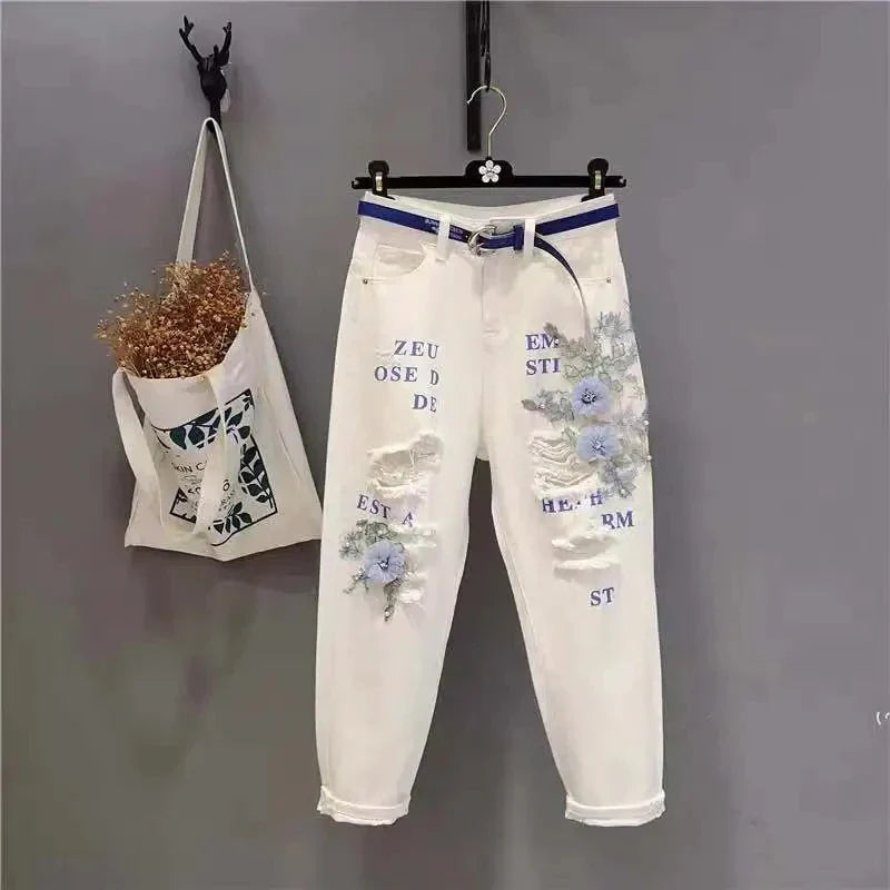 Women's Heavy Industry Lace Beggar Hole Denim Pants