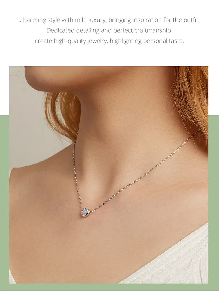 Genuine 925 Sterling Silver Opal Heart Pendant Necklace for Women Fine Jewelry Anniversary Gift