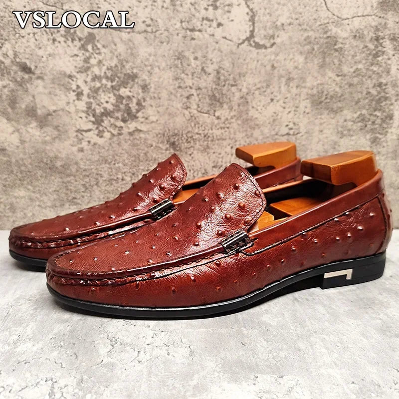 Luxury Brand Men Loafers Shoes Black Brown Ostrich Print Pointed Toe Slip-on Casual Mens Dress Shoes Slip on Loafers Men