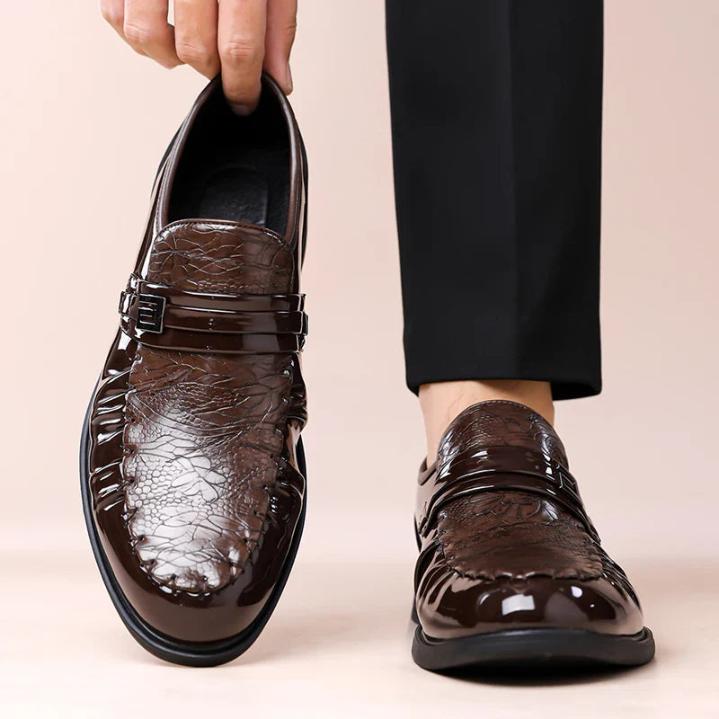 Men's Brown Crocodile Pattern Dress Shoes Patent Leather Slip-on Loafers Formal Business Wedding Oxfords for Men