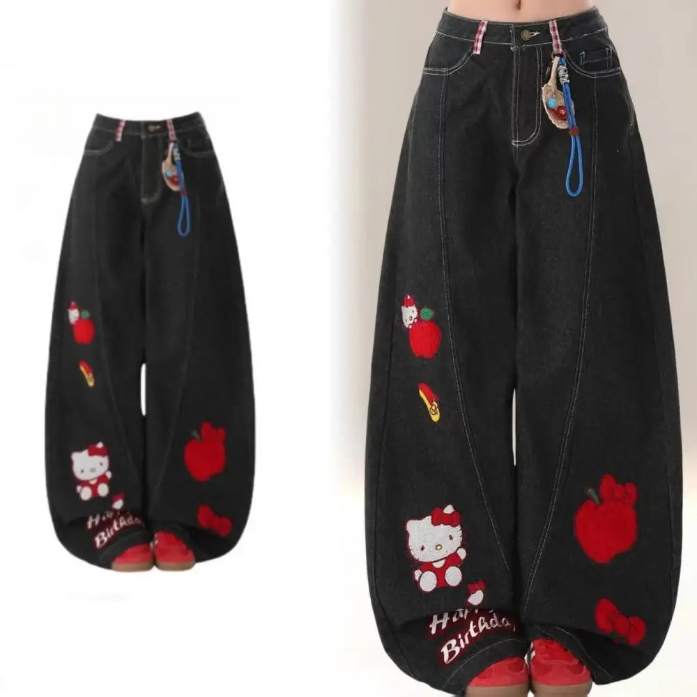 بنطلون أنمي واسع الساقين فضفاض Hello Kitty Sanrios Y2K
