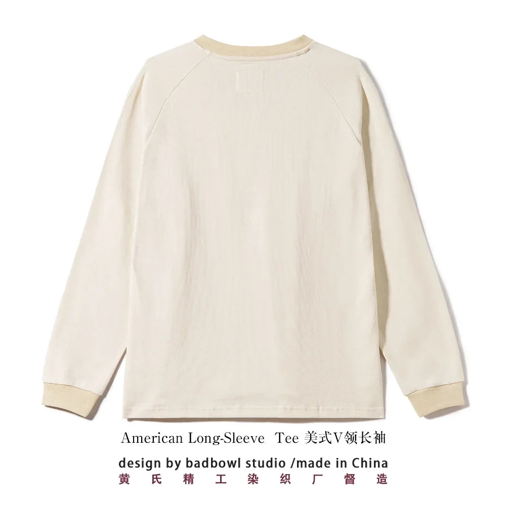 300G Combed Cotton Long Sleeved T-shirt for Men, V-neck Long Sleeved Base Shirt, Loose Basic Style, Heavy-duty Washed