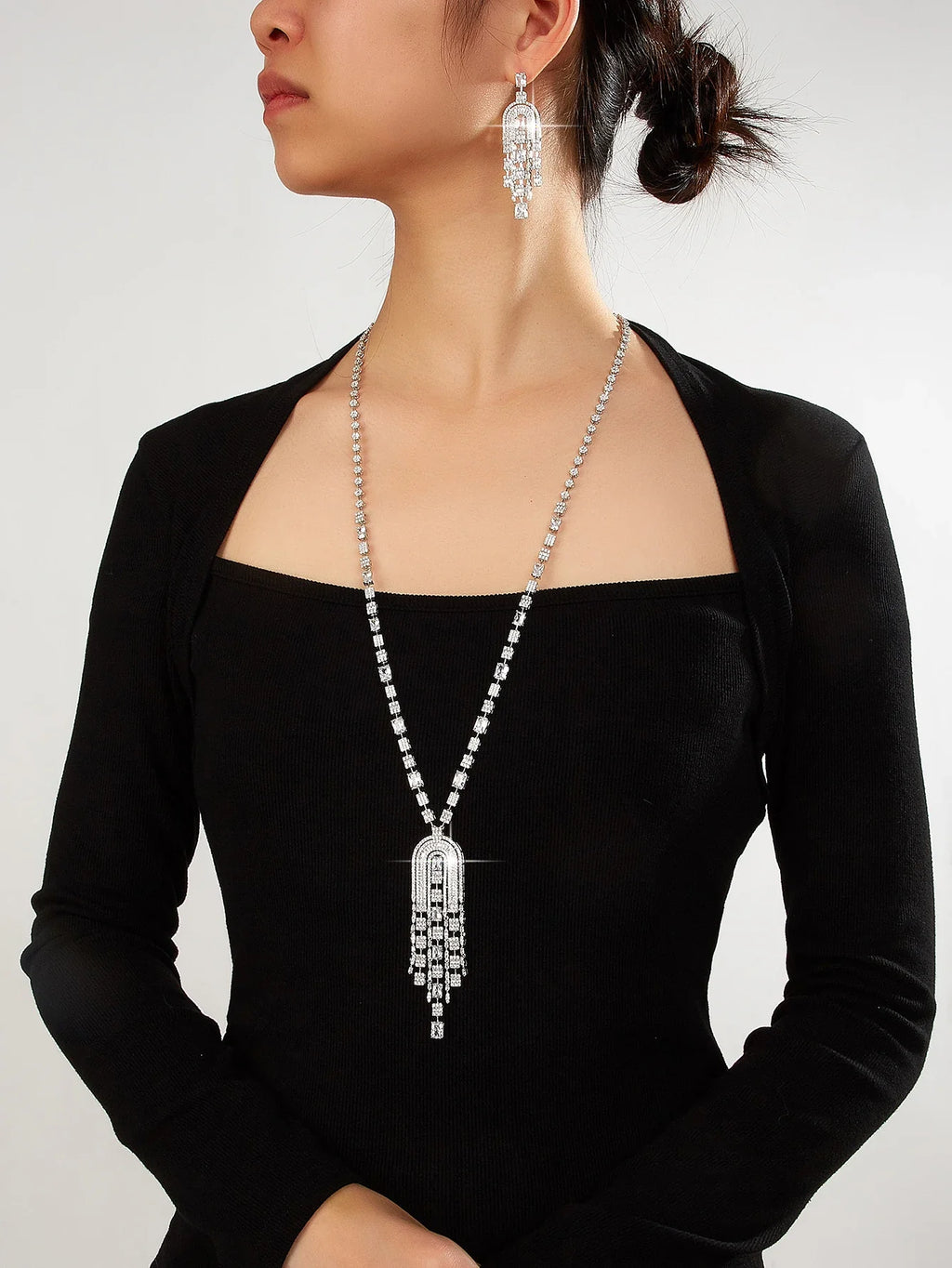 2025 Luxury Big Square Stone Long Necklace And Earrings Sets For Women Cubic Zirconia Dubai Bridal Jewelry
