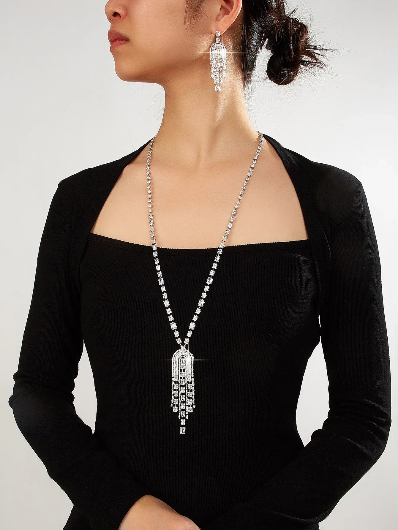 2025 Luxury Big Square Stone Long Necklace And Earrings Sets For Women Cubic Zirconia Dubai Bridal Jewelry