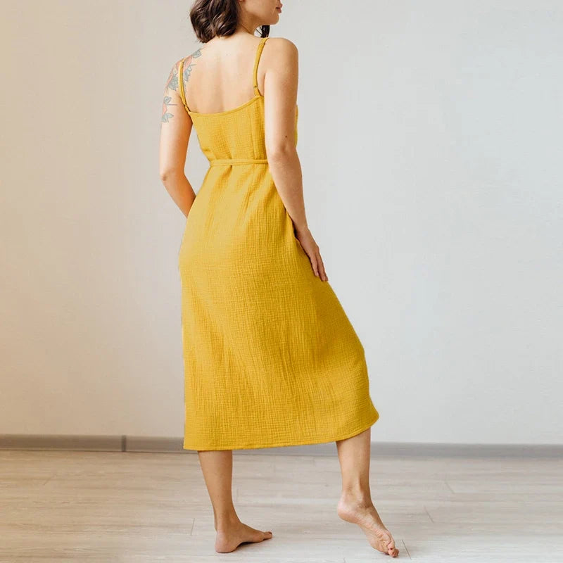 Vintage Women's Dress 100% Cotton Crepe Gauze V-Neck Sleeveless Bandage Long Maxi Elegant Dresses For Women