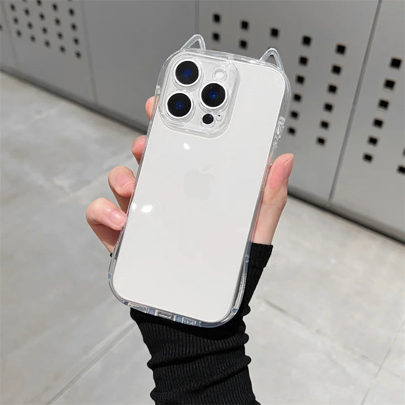 Cute Cat 3D Ears Transparent Phone Case For iPhone 17 Pro Max Air 16 15 13 11 12 14 Plus Soft Clear TPU Back Cover Shell