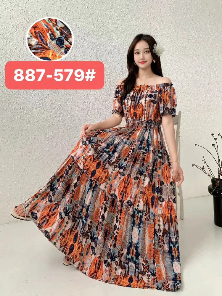 Vestidos Robe Maxi Long Dress Women Summer Indian Clothes Bohemian Cotton Linen Floral Short Sleeve Korean Style Casual