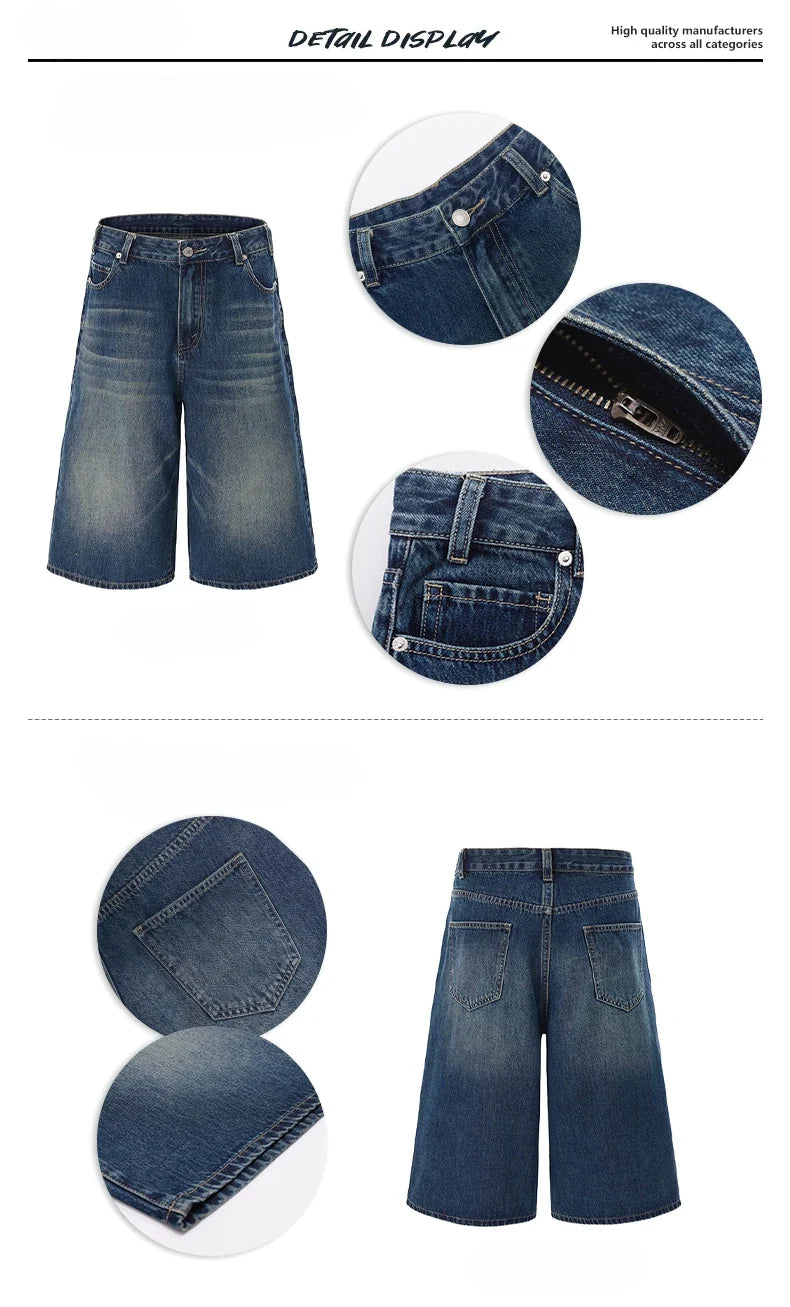 Summer New Fashion Denim Shorts Loose Straight Casual Vintage American Personality Jeans Streetwear Male Short Pants