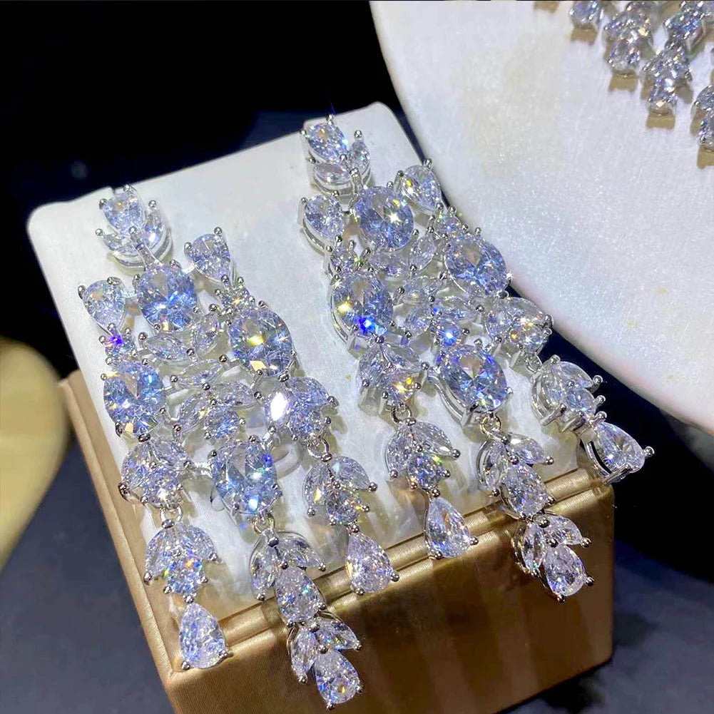 Luxury Floral Design Wedding Dubai Bridal Jewelry 2 PCS Set Shiny Cubic Zirconia CZ Necklace Pendant Earrings X0202