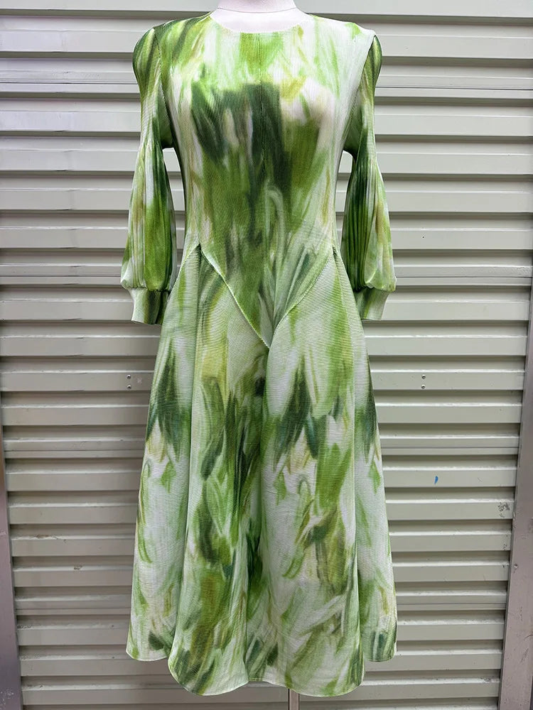 Miyake Pleated Dresses 2026 Autumn New Gentle French Print Elegant Stretch Plus Size Women's Long Sleeve Bounce Flower Bud Dress