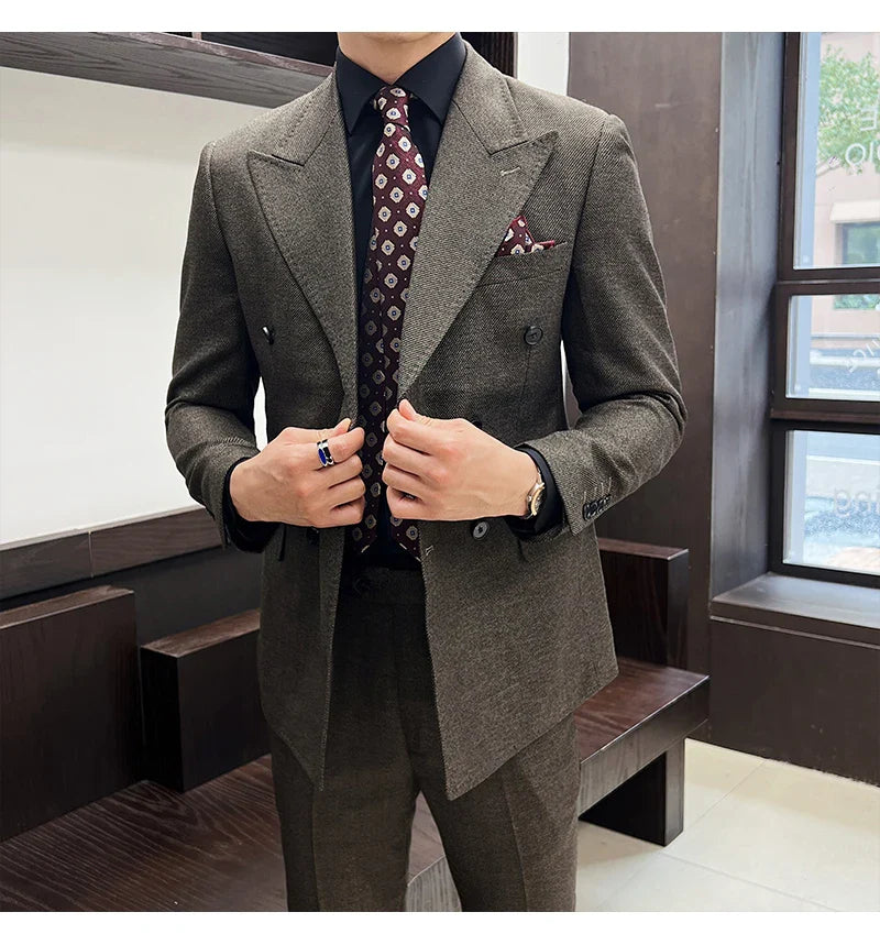 Men Vintage Luxury Double Breasted Slim Fit Lapel Evening Gown ltalian Style Fashion High-end Groom Wedding Party Tuxedo 2 Piece