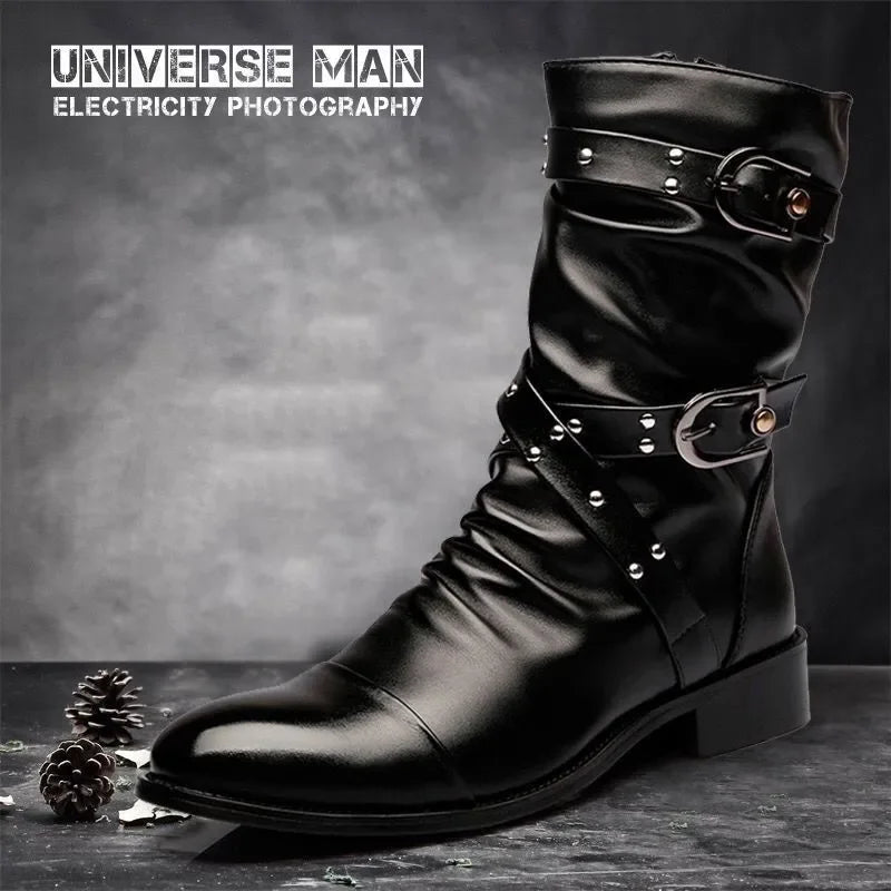 Men's Leather High Quality Mid Tube Boots Fashion Classic Autumn Winter Black Punk Rock Shoes Casual Men Womens Plus Size 38--48