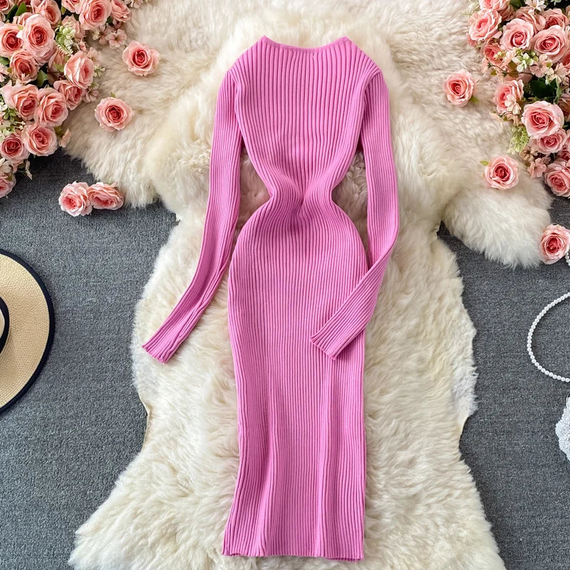 Autumn Winter 2025 Women Dress Elegant Cross V-neck Slim Waist Knitted Bodycon Dress Korean Office Lady Vestidos