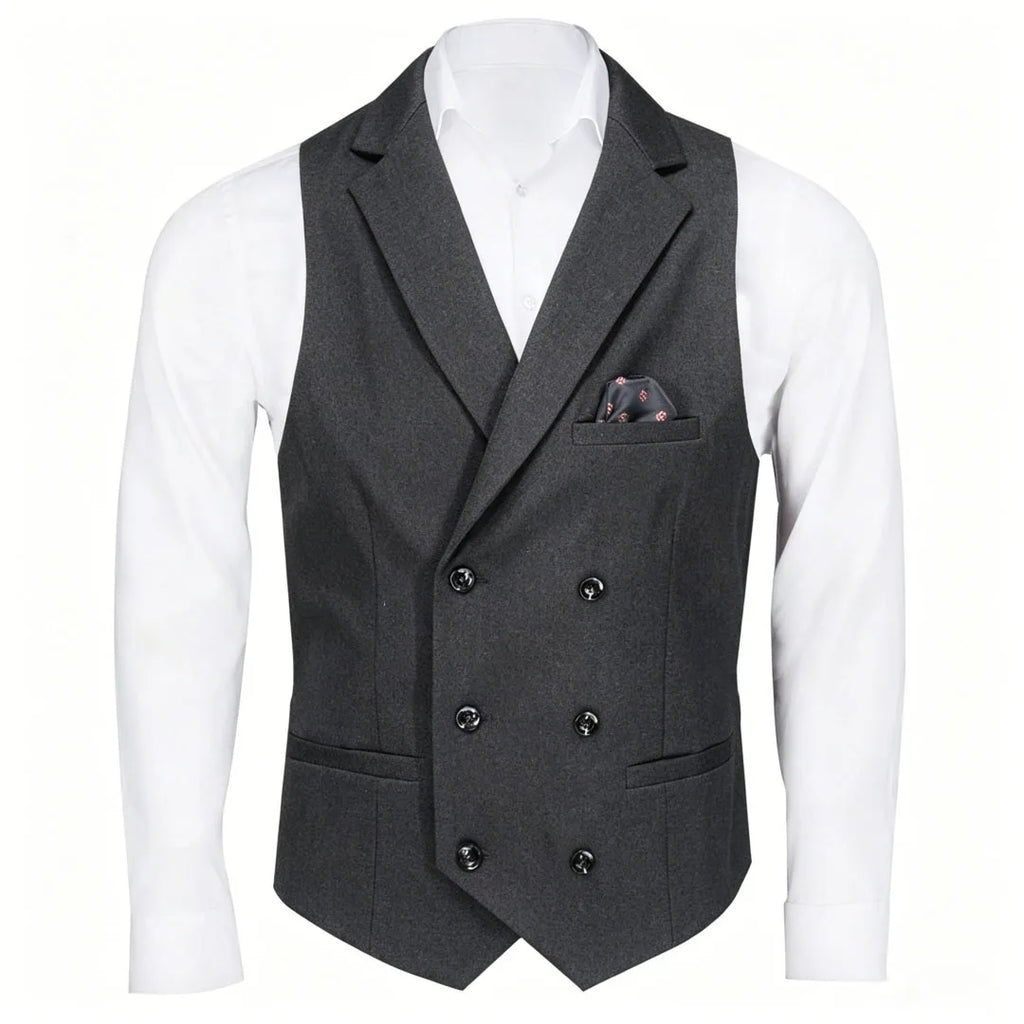 Men Vest Black Solid Double Button With Lapel Waistcoat For Business Wedding Party Banquet Prom Daily Casual Men Suit Vest