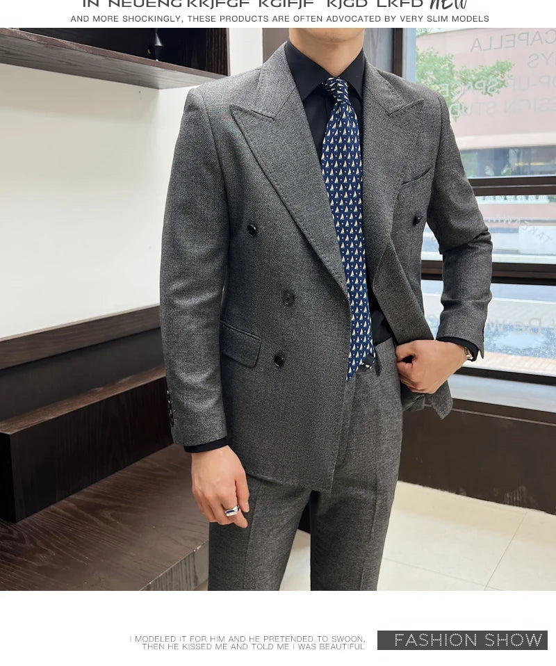 Men Vintage Luxury Double Breasted Slim Fit Lapel Evening Gown ltalian Style Fashion High-end Groom Wedding Party Tuxedo 2 Piece