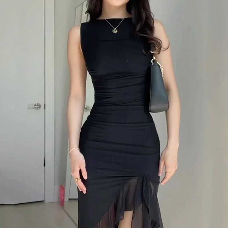 Elegant Solid Sleeveless Nipped Waist Slim Backless Ruffled Party Dresses