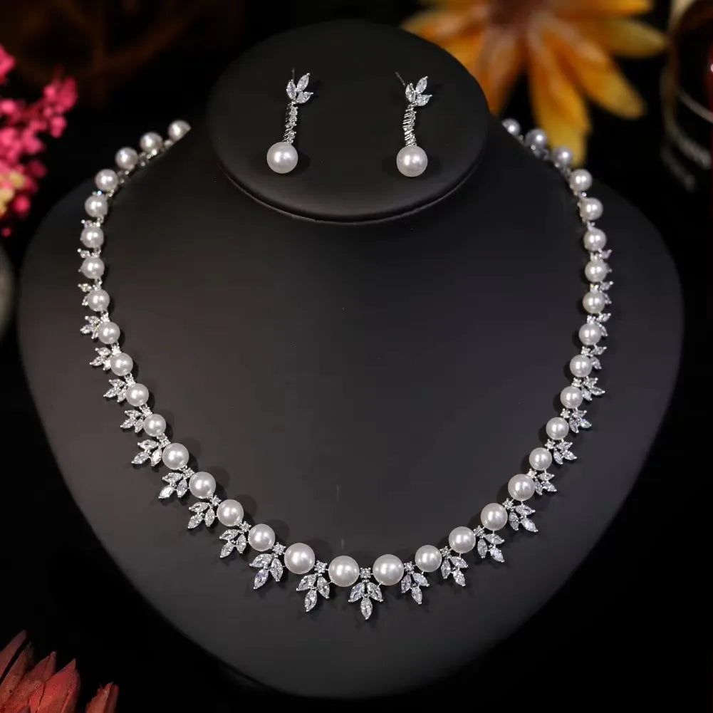 Pearl Necklace For Women Luxury High Quality Flower Shape 2 Pieces Clear Cubic Zircon Female Jewelry Sets Wedding Party Gifts
