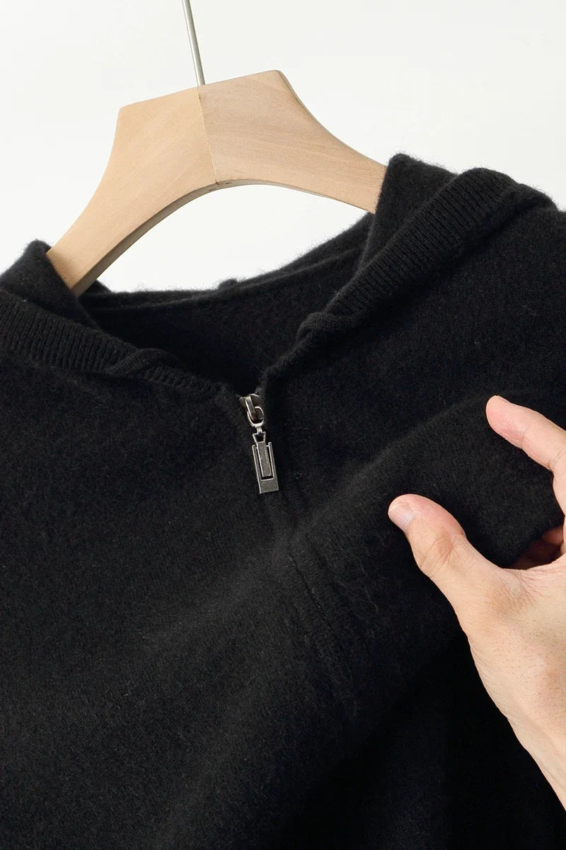 2025 New Men Knitted Plane Hooded Cardigan Cashmere Sweater Zipper Design Pocket Decoration High quality Thick Warmth Hoodie