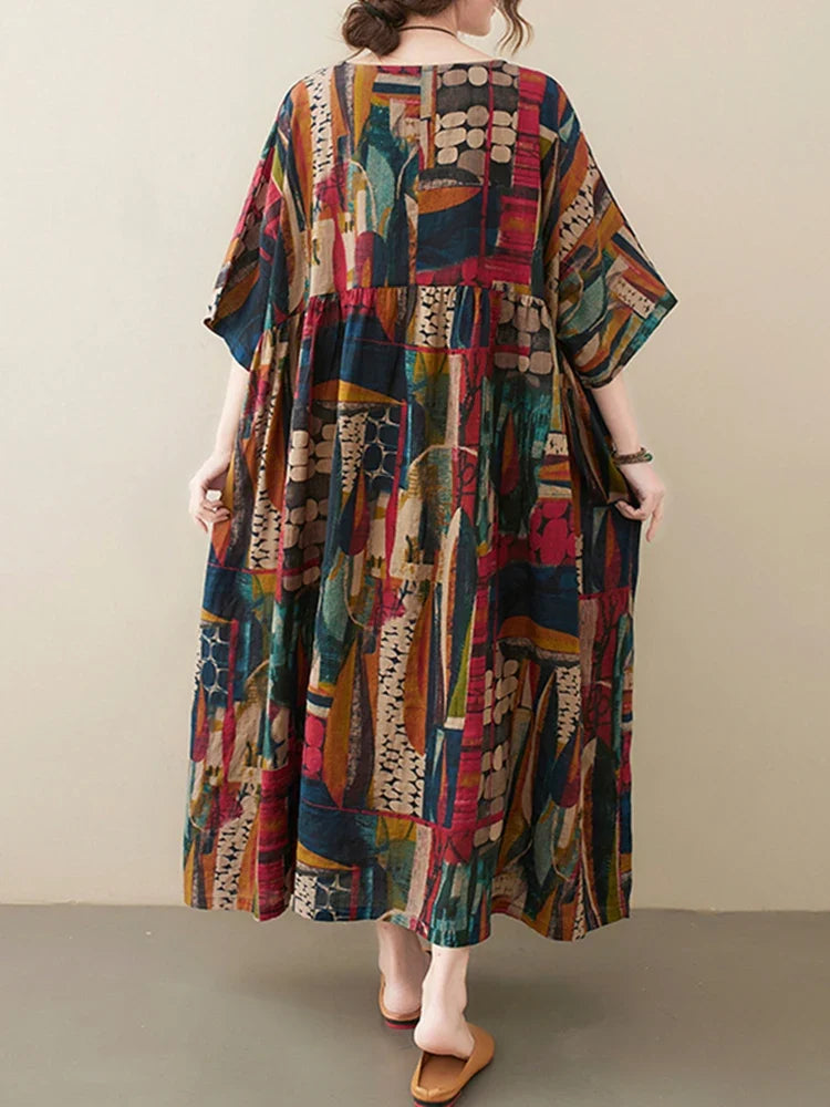 Short Sleeve Cotton Linen Vintage Print Summer Long Dresses For Women 2026 Casual Loose Holiday Ladies Dress Elegant Clothes