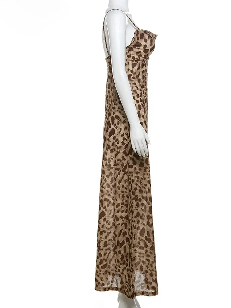 Leopard Print Dress Woman Summer Sexy Swing Collar Spaghetti Straps Backless Ruffles Party Clubwear Skinny Vestidos