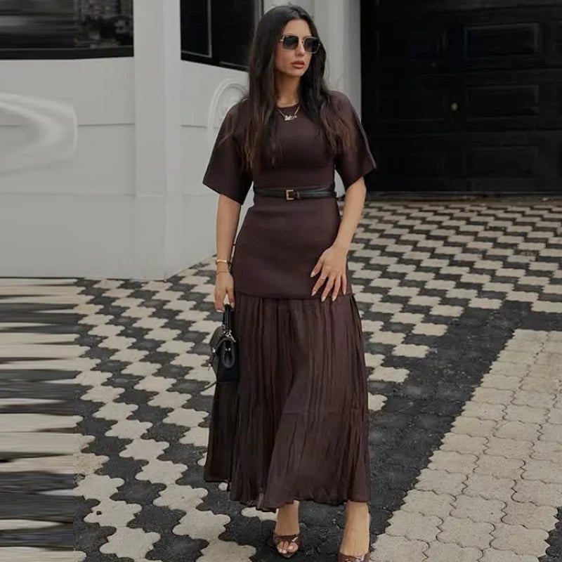 Womens Dresses Brown Pleated Dress Summer 2025 Elegant Knitted Short Sleeve Vestidos Chic Patchwork O-Neck Vacation Dresses